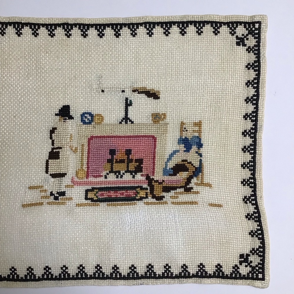 Americana Cross Stitch Sampler Colonial Pilgrim Doily Art Complete 11x12 Vintage - Picture 14 of 16